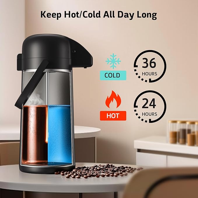 Airpot Coffee Carafe for Keeping Hot - 85 OZ / 2.5L Large Coffee Dispenser with Pump - Insulated Stainless Steel Thermos Urn for Hot Drinks Water Tea Chocolate - Thermal Beverage Dispenser for Parties