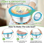 TeamFar Mixing Bowls, 5PCS Stainless Steel Serving Salad Bowls with Lids, For Kitchen Mixing/Baking/Storing/Prepping, Visible & Airtight, Non-Slip Bottom - 4.6/3.5/1.5/1 / 0.7 QT, Multi-color