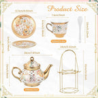 Zhehao 20 Pcs Porcelain Tea Set with Metal Holder and Spoon Adult Ceramic Tea Party Set European Flower Painting Teapot Cup Saucer Spoon Set for Women, Large Version(Delicate Style)