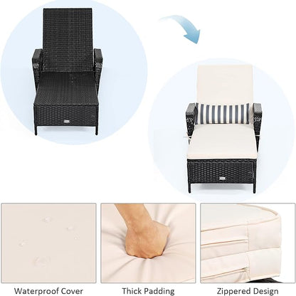 COSTWAY PE Rattan Chaise Lounge Chair Armrest Recliner Adjustable Pillow Black - Image 8