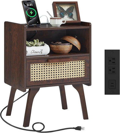 Lerliuo Rattan Nightstand with Charging Station, Walnut Bedside Table with by Lerliuo