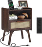 Lerliuo Rattan Nightstand with Charging Station, Walnut Bedside Table with by Lerliuo