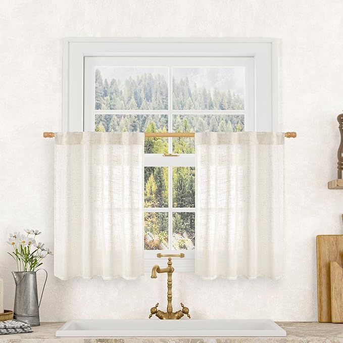 Cream Linen Kitchen Curtains 30 Inch Length by LAMIT