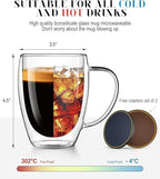 OJA Double Wall Glass Coffee Mugs Set of 2, 13oz Clear Glass Mugs, Insulated Coffee Cups, with coaster, Perfect for Espresso, Latte, Cappuccino, American, Tea Bag, Beverage