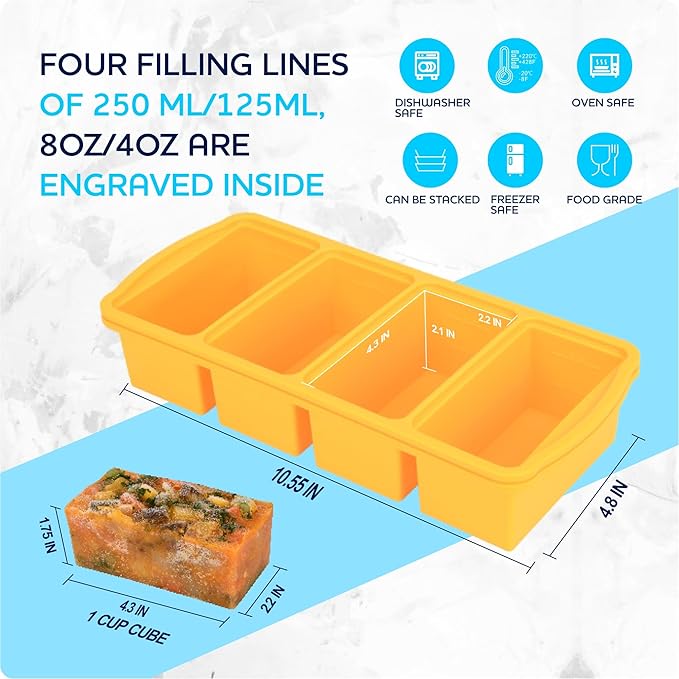 Silicone Freezer Trays with Lid,1-cup Soup Freezer Container large Ice Cube Molds with Reinforced Steel Ring Top for freezing Soup Sauce Broth Leftovers oven Dishwasher -Safe(2-Pack)