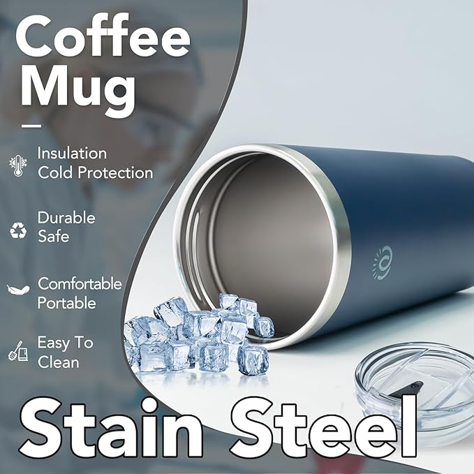 Insulated Coffee Mug with Lid, Reusable Stainless Steel Travel Coffee Cup, 16 Oz Double Wall Vacuum Spill Proof Tumbler Cups for Men and Women Hot & Cold Drinks（Aegean）