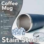 Insulated Coffee Mug with Lid, Reusable Stainless Steel Travel Coffee Cup, 16 Oz Double Wall Vacuum Spill Proof Tumbler Cups for Men and Women Hot & Cold Drinks（Aegean）