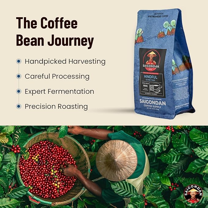 Vietnamese Coffee Beans - Saigondan Mindful | Dark Roast | Vietnamese Robusta & Arabica Blend | Vietnamese Single Origin | Roasted in Small Batch | Direct Trade | No Preservatives | 12 Oz