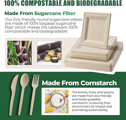 300Pcs Disposable Paper Plates Set, Compostable Plate Sugarcane Utensils Eco Friendly Dinnerware Kit Includes 50 Biodegradable Plates, Forks, Knives Napkins and Spoons for Brithday Party Camping