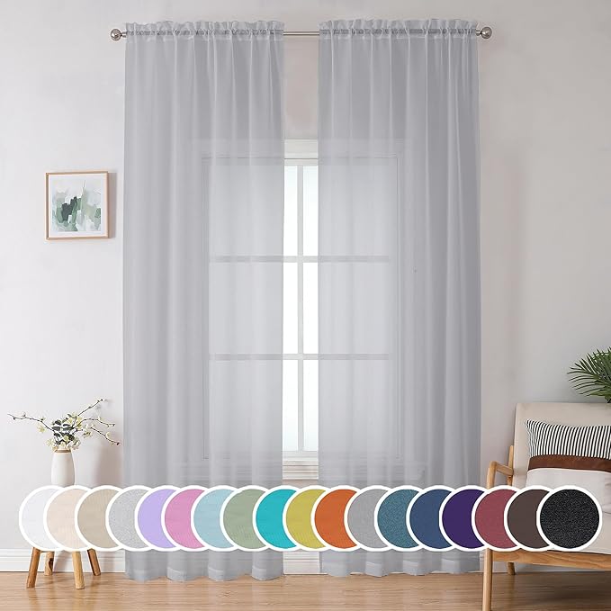 Sheer Curtains 96 inches Long for Bedroom Living Room, Solid Light Gray Soft by OWENIE