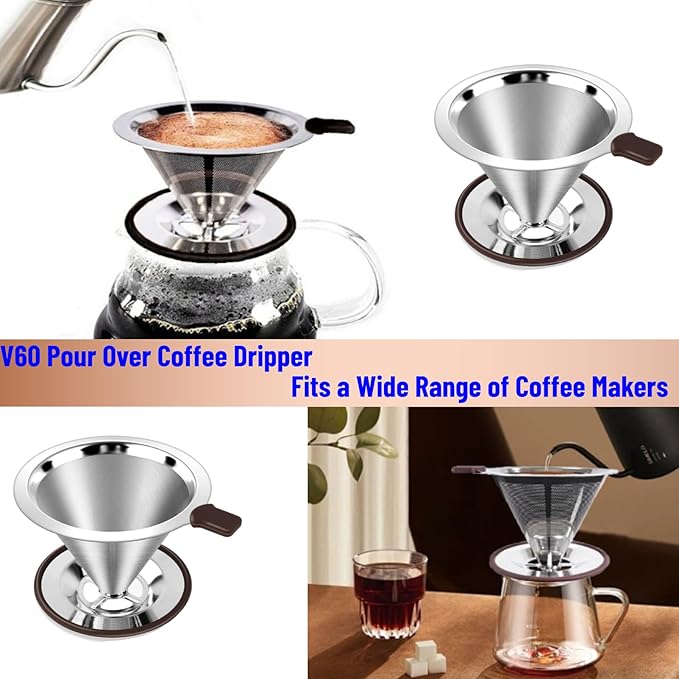 Reusable Paperless Coffee Filter V60,Coffee Dripper,Professional Stainless Steel Drip Cone Brew Coffee Strainer,Double Micro Mesh Filter,Coffee Filter Mug,Silicone Handle & Non-Slip Silicone Base (L)