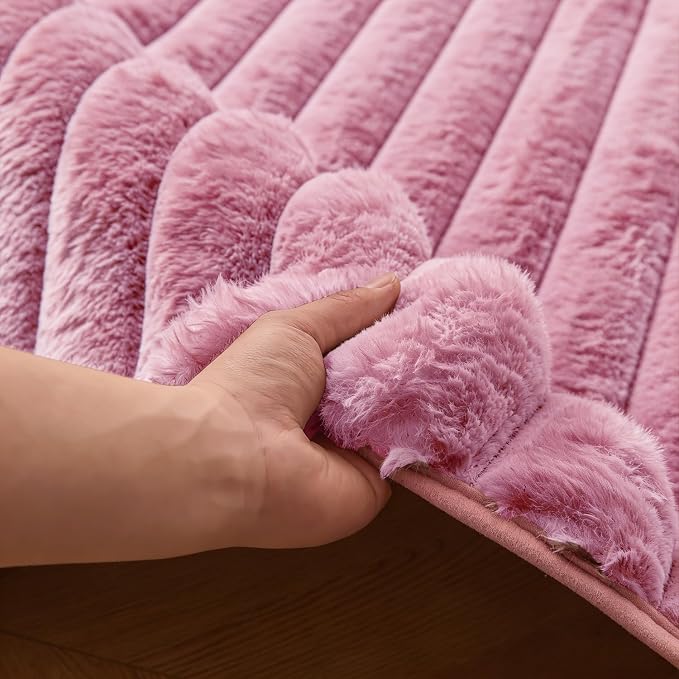 Dusty Rose Rabbit Striped Plush Rug 8'x10', Fluffy Shaggy Area Rug - Image 8