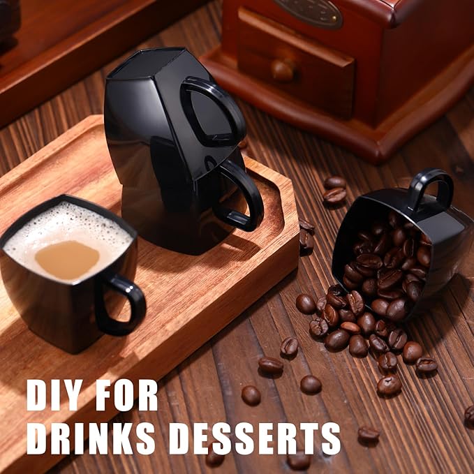 Amyhill 50 Pcs Disposable Tea Cups Mini Plastic Tea Cup Bulk with Handle Hard Plastic Coffee Mug Disposable Square Espresso Mug for Party Catering (Black)