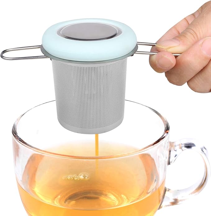 Fenshine Tea Infuser Stainless Steel Tea Strainer Folding Handle Tea Filter Extra Fine Mesh Strainer Brewing Basket with Lid for Loose Leaf Tea (Light Blue) …