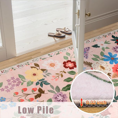 PLHXFR 2.6x8 Washable Runner Rug：Floral Indoor Kitchen Soft Carpet Beige | - Image 9