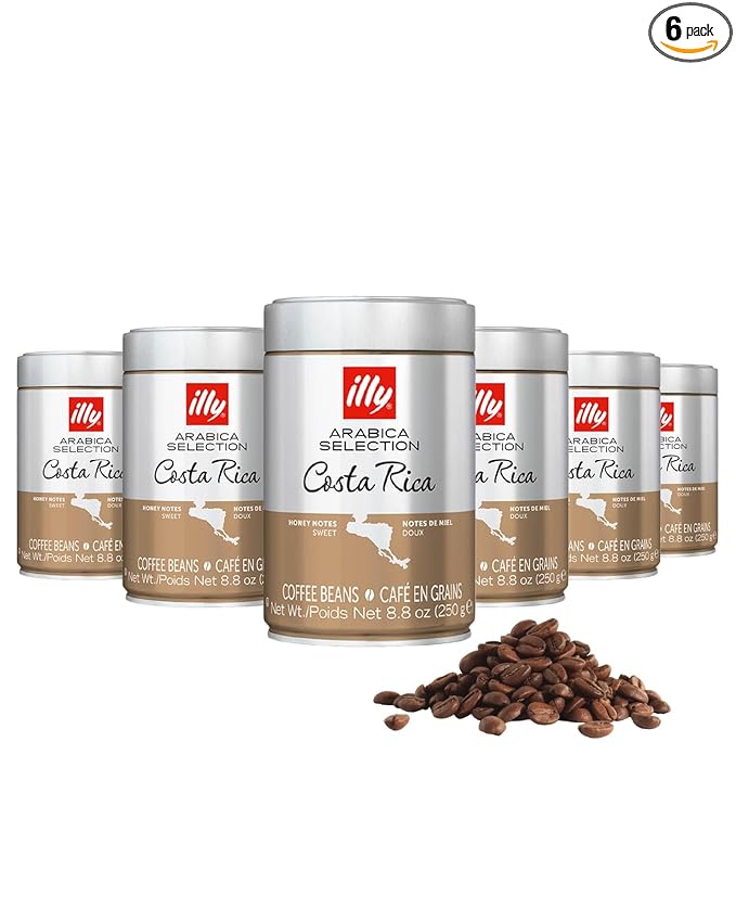 Illy Whole Bean Coffee, Costa Rica Medium Roast - Notes of Caramel, Chocolate, and Vanilla - 100% Arabica - Whole Beans - Pressurized Packaging Sealed for Freshness - 8.8oz can (Pack of 6)