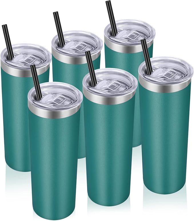 VEGOND Stainless Steel Tumblers Bulk 6 Pack, 20 oz Vacuum Insulated Skinny Tumblers with Lid and Straw, Double Wall Coffee Mug, Travel Water Cup, Dark Green