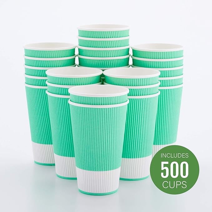 Restaurantware 16 Ounce Double Wall Disposable Coffee Cups, 500 Insulated Light Green Paper Tumblers with Ripple Wall Design, Lids Sold Separately for Hot Drinks like Tea, Hot Chocolate and More