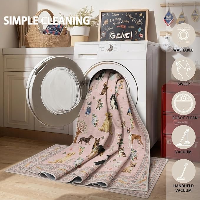 Pink Floral Area Rug 4x6 for Bedroom Dining Room | Low Pile; Non Slip;Machine - Image 5
