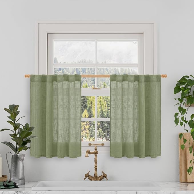 Short Linen Window Curtains 30 Inches Long 2 Panels 34 x 30 Inch | Sage Green by LAMIT
