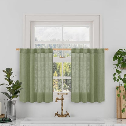 Short Linen Window Curtains 30 Inches Long 2 Panels 34 x 30 Inch | Sage Green by LAMIT