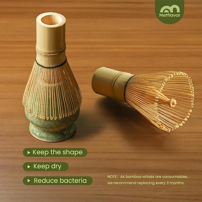 Matcha Whisk Set, Handcrafted Bamboo Chasen & Ceramic Bowl Matcha Kit, Complete 5 Pcs Matcha Set Whisk and Bowl W/Stainless Steel Sifter, Bamboo Scoop & Holder for Matcha Tea Ceremony (Mottled Green)