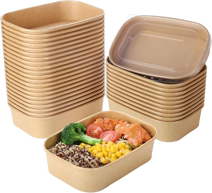 50 Sets 17oz Disposable Kraft Paper Bowls with Lids, Rectangle Paper Food Containers with Lids, Salad Bowls for Hot/Cold Food, Soup, Meal Prep, Ice Cream, Takeout, Party Supplies(500ml)