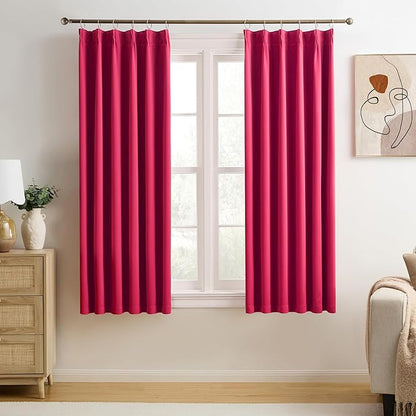 Pinch Pleated Hot Pink Blackout Curtains Short 2 Panels Set 45 Inch Length by KEQIAOSUOCAI