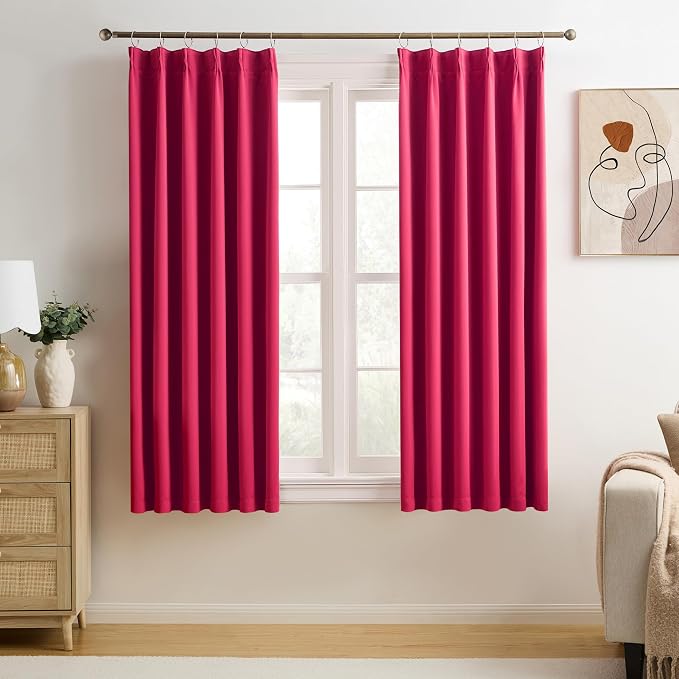 Pinch Pleated Hot Pink Blackout Curtains 72 Inches Long, Sound & Light Reducing by KEQIAOSUOCAI