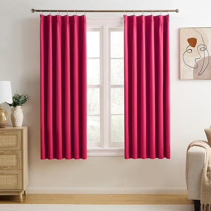 Pinch Pleated Hot Pink Blackout Curtains 72 Inches Long, Sound & Light Reducing by KEQIAOSUOCAI