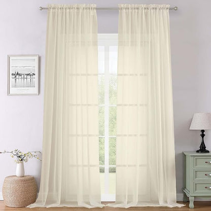 Cream Sheer Curtains 108 Inches Long 2 Pcs, Dual Rod Pocket Home Decor Living by Lecloud