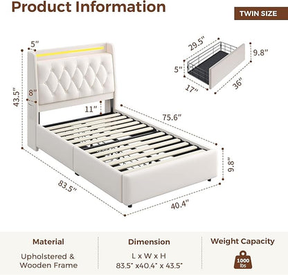 Twin LED Velvet Bed Frame with 2 Storage Drawers&Hidden Headboard, Upholstered - Image 2