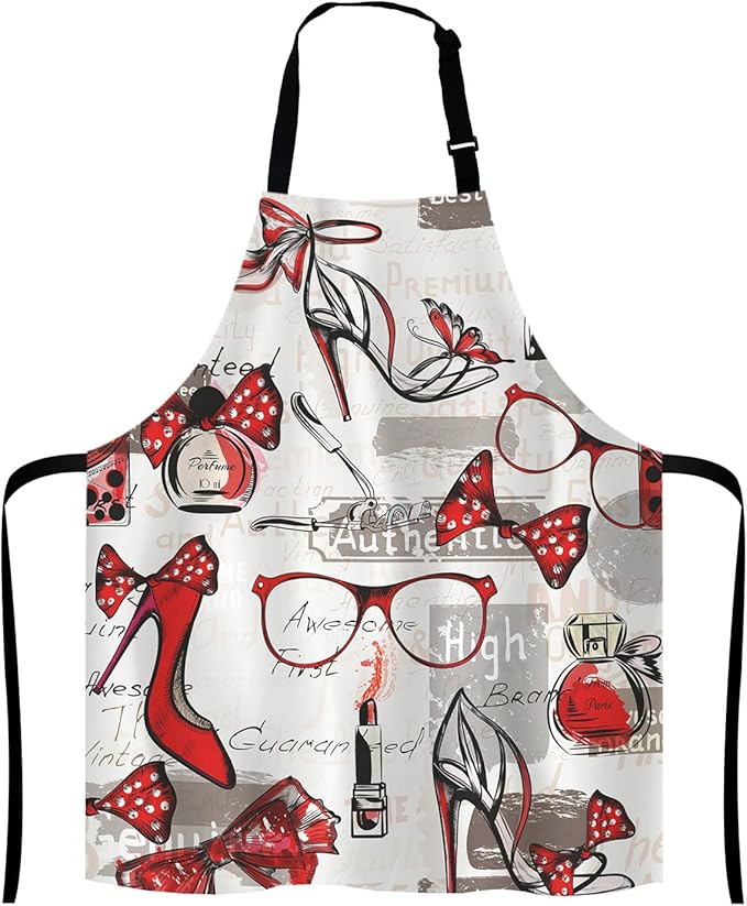 Fashion Girl Apron, Watercolor Red Lipstick Perfumes High Heels in Vintage Background for Woman Unisex Kitchen Bib with Adjustable Neck for Cooking Gardening,Adult Size