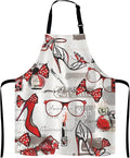 Fashion Girl Apron, Watercolor Red Lipstick Perfumes High Heels in Vintage Background for Woman Unisex Kitchen Bib with Adjustable Neck for Cooking Gardening,Adult Size