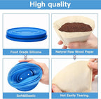 Collapsible Pour Over Coffee Dripper Set - Silicone Reusable Cone Filter Holders with 100Pcs Paper Filters - For Home, Camping, Travel, Office (1, Blue)