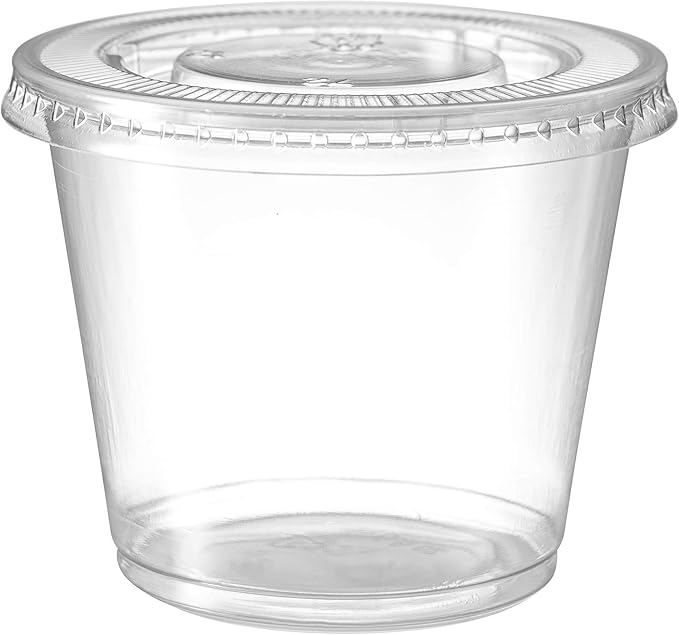 Portion Cups with Lids (5.5 Ounces, 100 Pack) | Disposable Plastic Cups for Meal Prep, Portion Control, Salad Dressing, & Medicine | Small Plastic Condiment Container