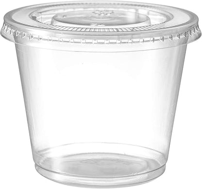 Portion Cups with Lids (5.5 Ounces, 200 Pack) | Disposable Plastic Cups for Meal Prep, Portion Control, Salad Dressing, & Medicine | Small Plastic Condiment Container