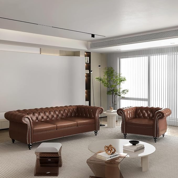 Chesterfield 3 Seater Sofa, Modern Leather Tufted Couch 3 Seater - Image 4