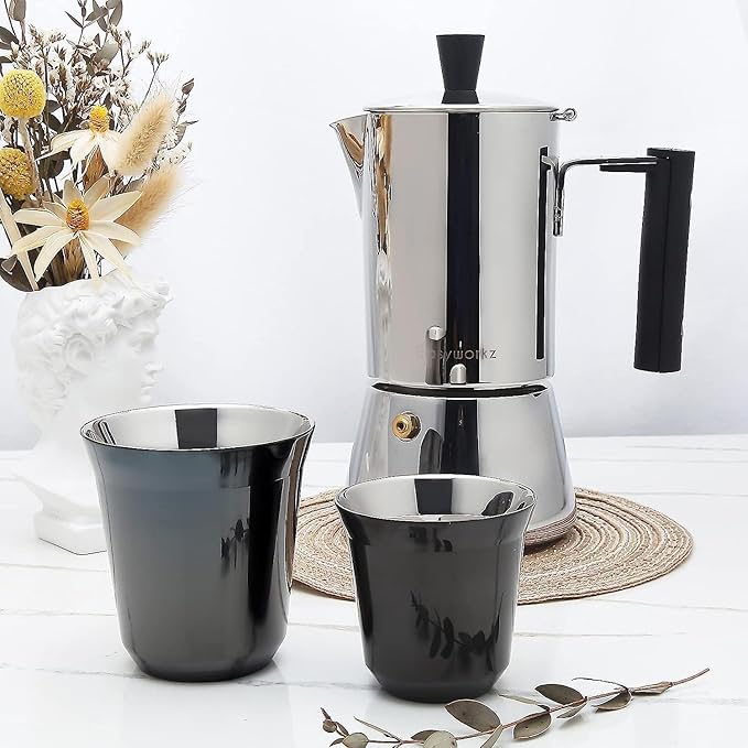 Easyworkz Stainless Steel Espresso Cup 2pcs Set Double Wall Insulated Metal Demitasse Cups (Black, 5 oz)