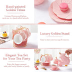 DUJUST 22 pcs Porcelain Tea Set for 6, Luxury British Style Tea/Coffee Cup Set with Golden Trim, Beautiful Tea Set for Women, Tea Party Set, Gift Package (With a Stand) - Pink