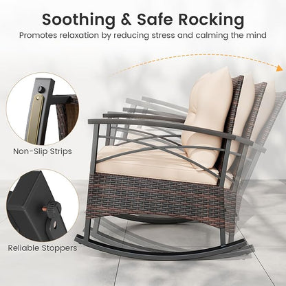 Tangkula 3 Pieces Outdoor Rocking Chairs Set, Rattan Heavy Duty Cushioned - Image 5