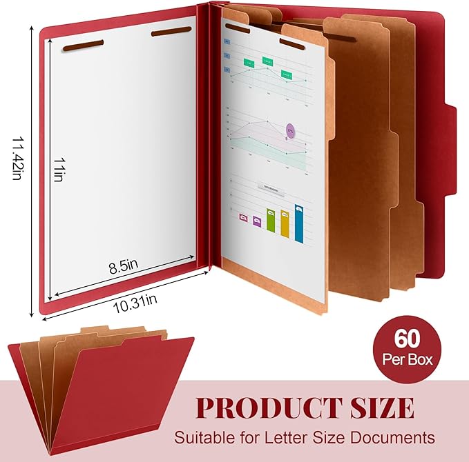 60 Pcs Classification Folders Letter Size, Back to School Supply for Teacher, Student, 3 Dividers Pressboard File Folder Bulk with 2 Fasteners, 3.5 Inch Expanding File Organizer (Red)