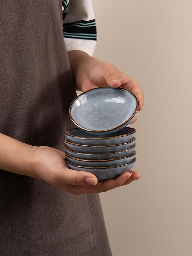 famiware Ocean Soy Sauce Dishes of 6, Oval Dipping Sauce Cups/Bowls/Dishes for Kitchen, 2.1oz Ceramic Small Bowls for Side Dish, Appetizers, Snacks, and Sushi, Reactive Glaze, Dishwasher Safe, Blue
