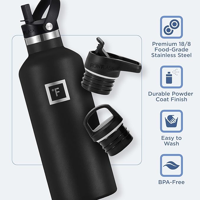 IRON °FLASK Camping & Hiking Hydration Canteens - 3 Lids (Narrow Straw Lid) Leak Proof Vacuum Insulated Stainless Steel - Hot & Cold Double Walled Sports Water Bottle - Dark Rainbow, 32 Oz