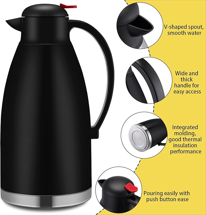 Nuogo 2 Pcs 102 oz Thermal Coffee Carafe Insulated Stainless Steel Carafe Double Walled Vacuum Coffee Thermal Pot with Brush for Home Office Use Keep 24 Hours Hot Water Tea(Black)