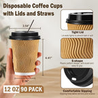 12 oz Coffee Cups-90 Pack Disposable Coffee Cups with Lids and Straws, Insulated Ripple Wall To Go Paper Coffee Cup for Coffee, Hot Chocolate and Hot Tea Drinks - Champagne