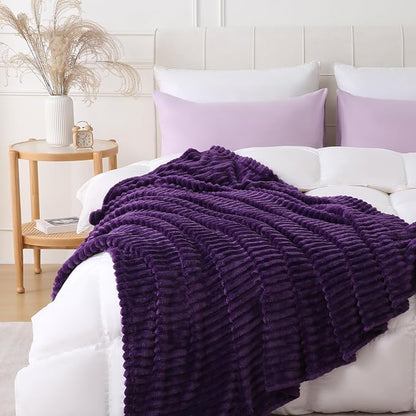 Deep Purple Throw Blanket for Couch Sofa 108"x90" Striped Design | Fleece - Image 2