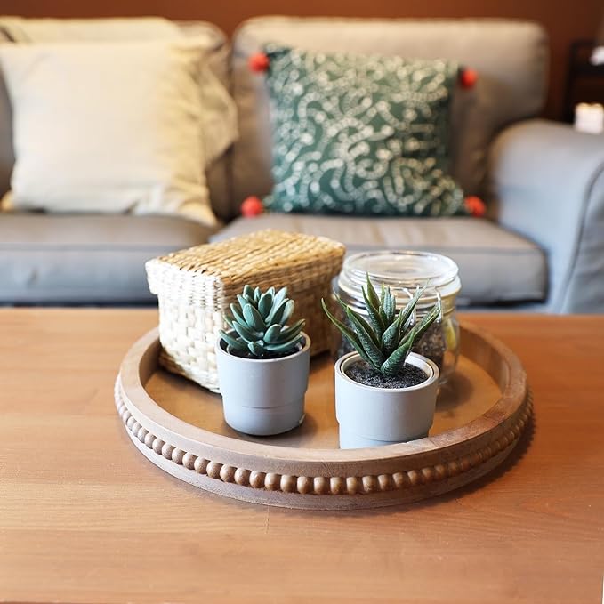 Wood Decorative Serving Tray with Bead, Round Vintage Wooden Ottoman Tray for Home Centerpiece, Counter Organizer, 13” Circle Tray for Kitchen, Living Room (Rustic Brown)