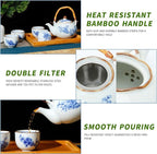 Japanese Tea Set Porcelain Tea Set with Teapot and Tea Cup Set for 4, Blue and White Tea Sets for Adults with Stainless Infuser and Bamboo Tray, Asian Tea Set for Tea Lovers/Women/Men (Plum & Bamboo)
