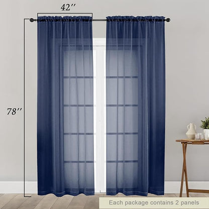 Navy Blue Sheer Curtain for Bedroom Living Room 78 Inches Long 2 Panels Set - Image 2